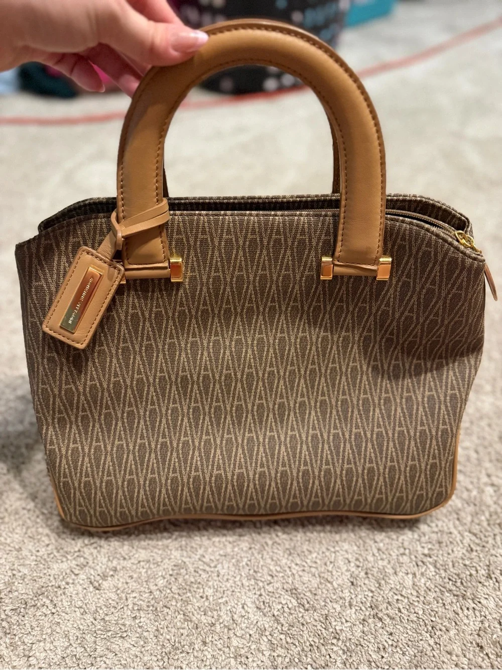 Designer-Style Brown Patterned Satchel Bag with Tan Handles